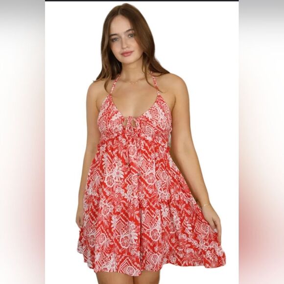new Angie Angie Red Floral Print Halter Dress size L - Picture 1 of 7